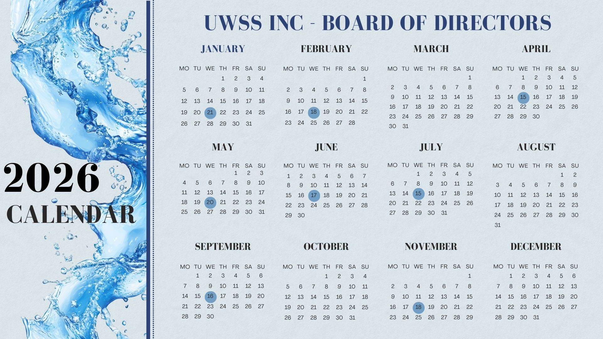 UWSS Inc. 2026 Board of Directors Calendar